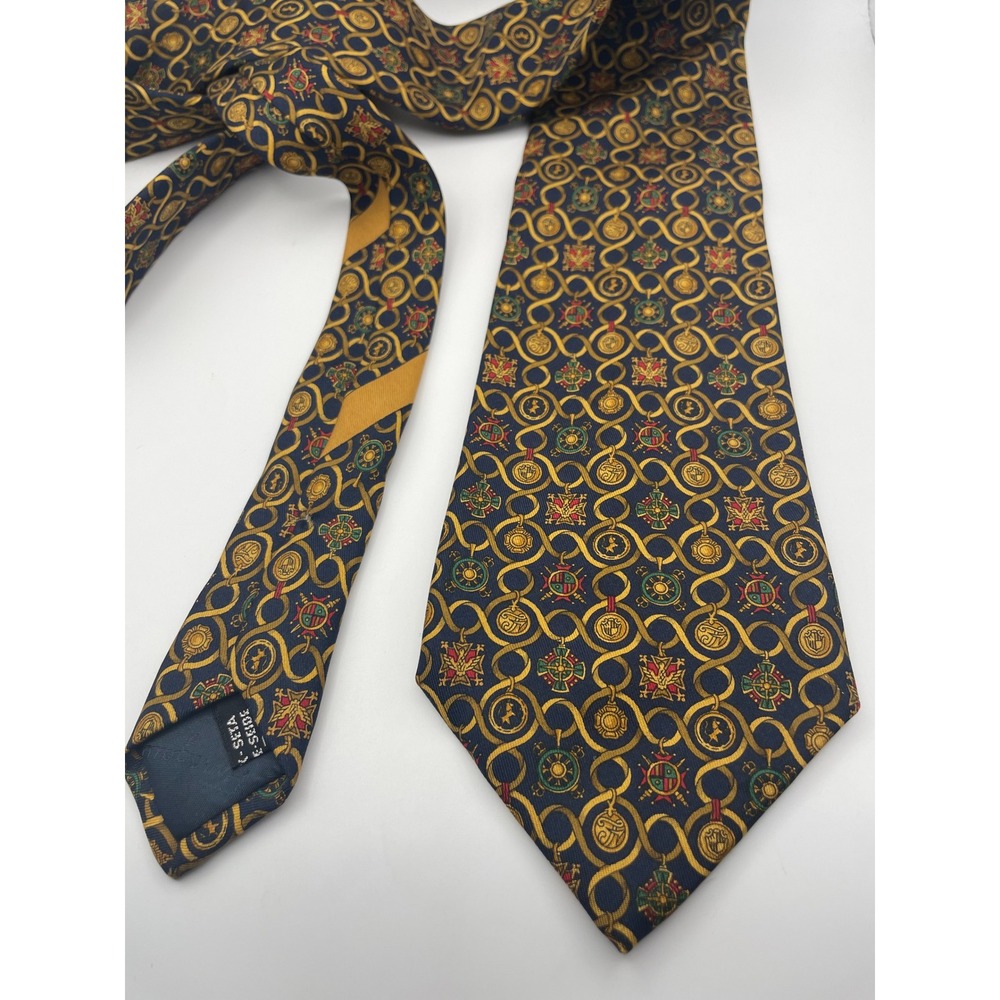 Salvatore Ferragamo Mens Silk Tie Navy Blue Gold Equestrian Chain Crest Italy